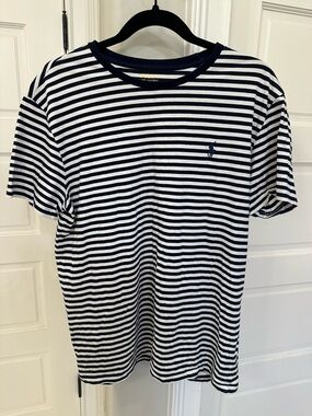Polo Ralph Lauren T Shirt Mens M Navy Blue White Striped Pony Ringer Nautical